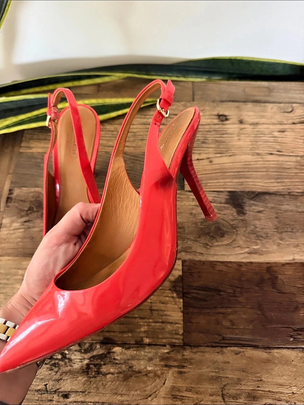 Coach- Lilly Patent Leather Pointed-Toe Slingback Heels in Coral w/wooden heel - Picture 8 of 9